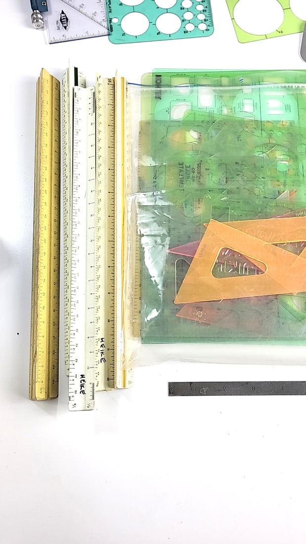Drafting Tools Lot: Alvin No.295 Parallel Glider, Timesaver No.165, Rapidesign R-140 Templates - 2