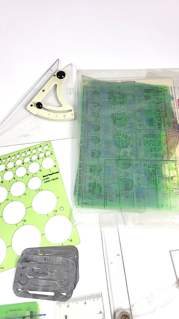 Drafting Tools Lot: Alvin No.295 Parallel Glider, Timesaver No.165, Rapidesign R-140 Templates - 5