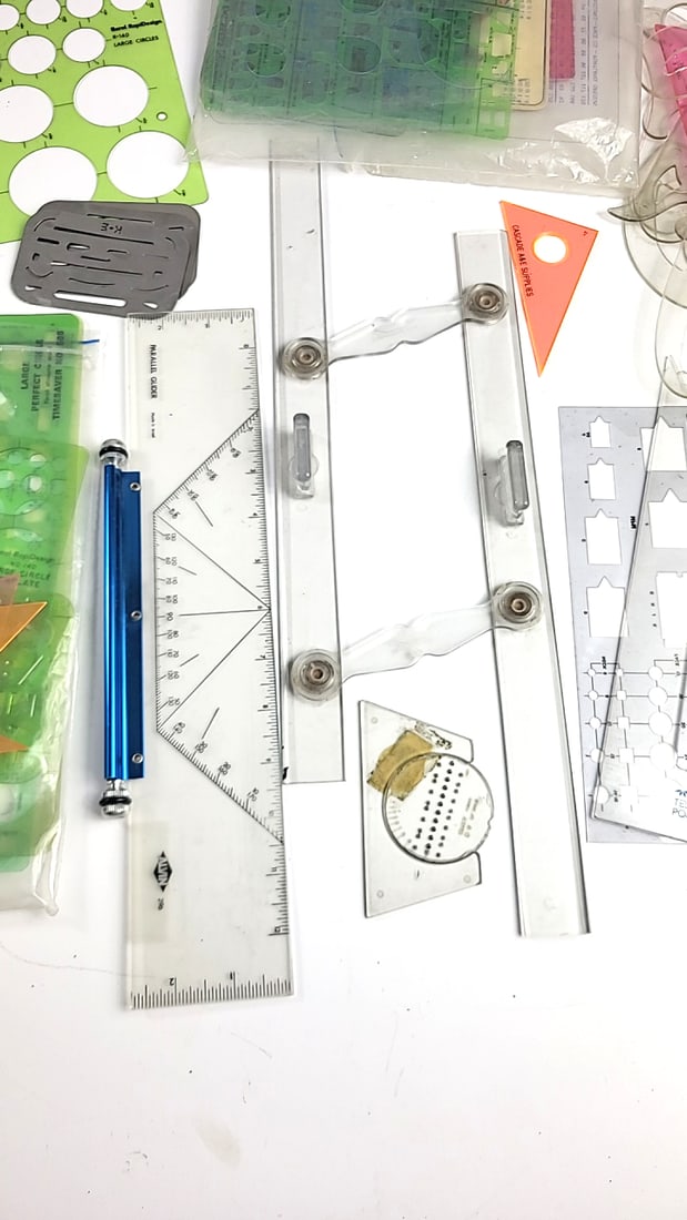 Drafting Tools Lot: Alvin No.295 Parallel Glider, Timesaver No.165, Rapidesign R-140 Templates - 7