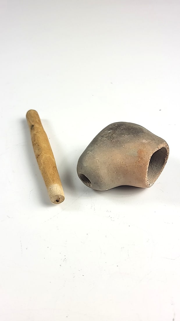 Clay Tobacco Pipe With Wooden Stem, Approx. 6 In - 7