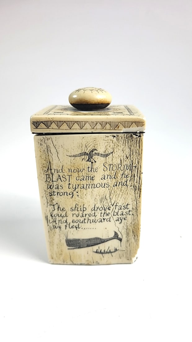 Scrimshaw-style Lidded Box With Polar Bear, Seal, Walrus & Ship Engravings - 2