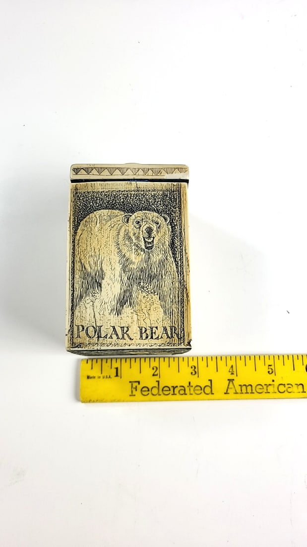 Scrimshaw-style Lidded Box With Polar Bear, Seal, Walrus & Ship Engravings - 5