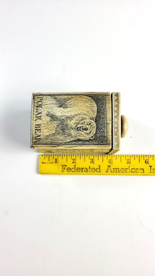 Scrimshaw-style Lidded Box With Polar Bear, Seal, Walrus & Ship Engravings - 6