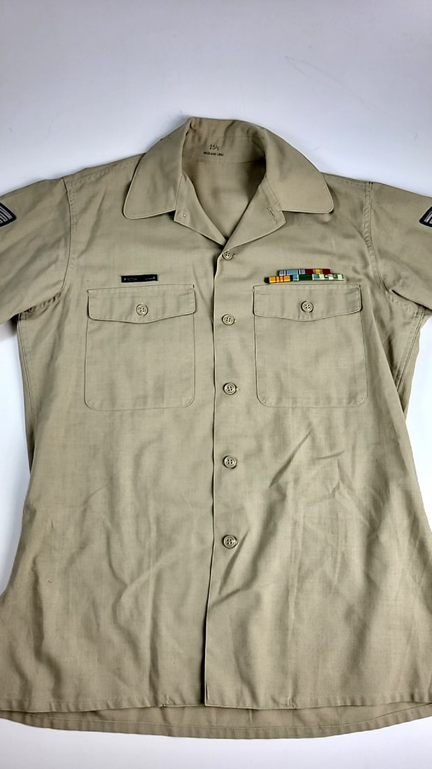 Vintage U.S. Military Khaki Uniform Shirt Pants Set 15.5 32x31 With Ribbons And Belt As Is - 2