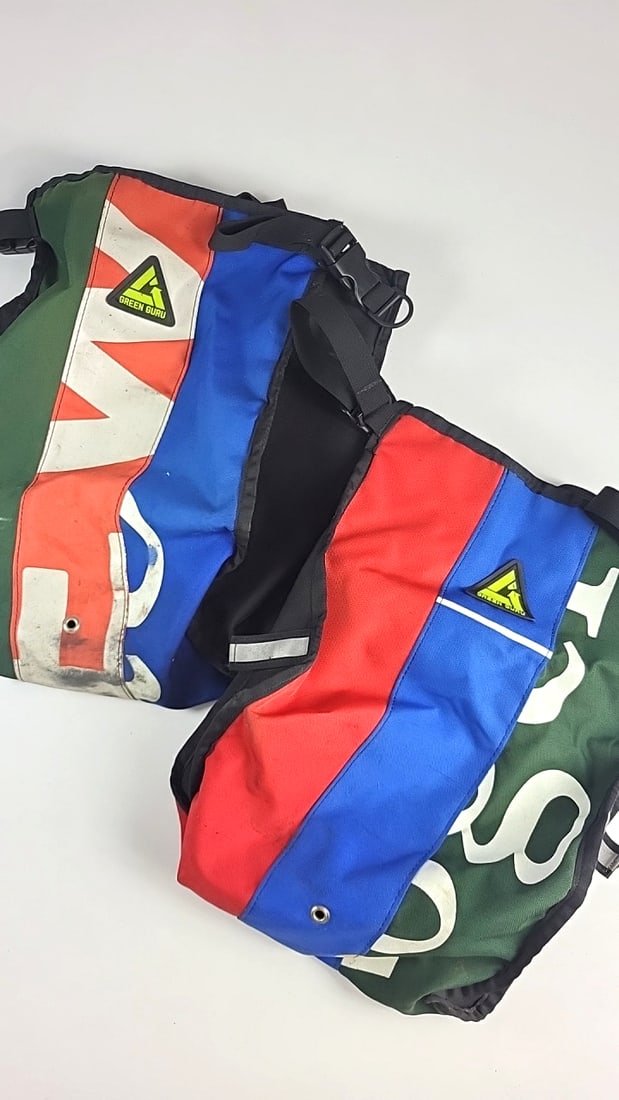 Lot Of 2 Green Guru Recycled Banner Bike Pannier Bags Red Blue Green Made In Usa As Is: 16x12x3 2lb Low Estimate: 30.00 High Estimate: 100.00