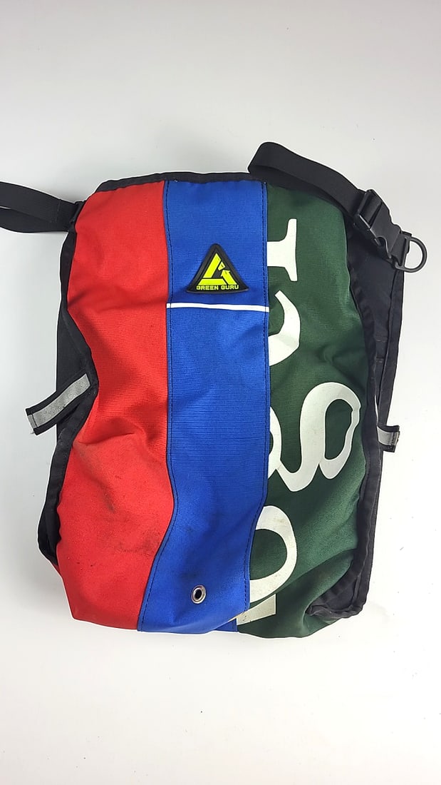 Lot Of 2 Green Guru Recycled Banner Bike Pannier Bags Red Blue Green Made In Usa As Is - 2