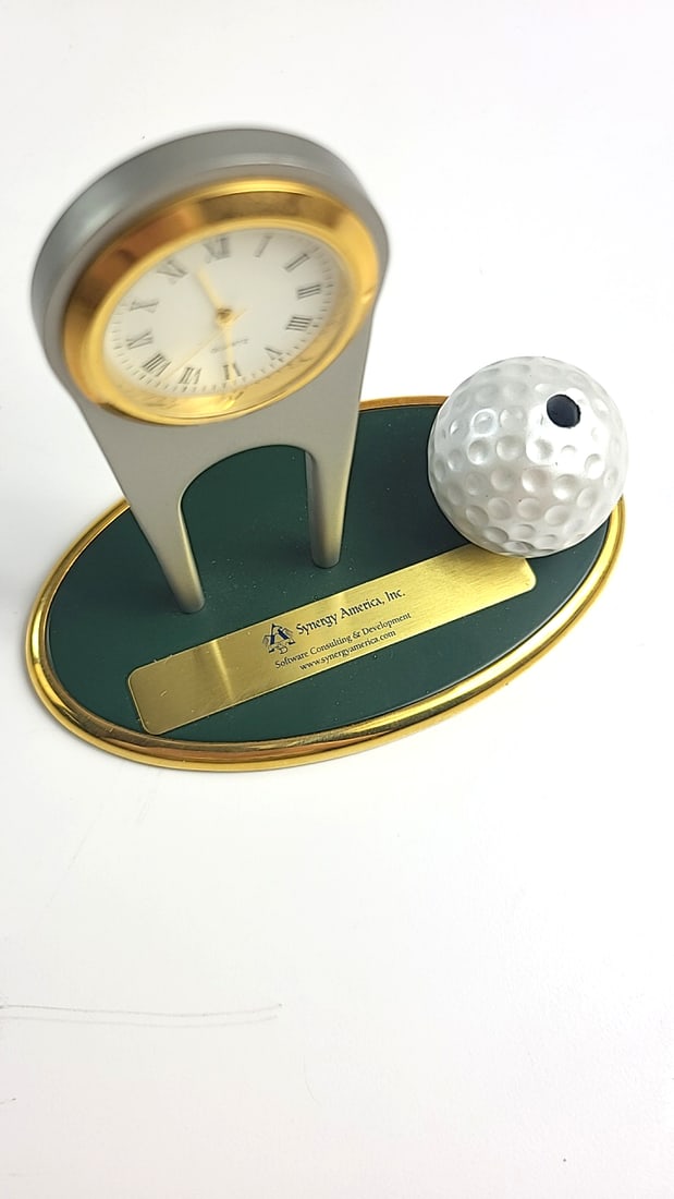 Synergy America Inc. Quartz Golf Ball Desk Clock With Green Gold Oval Base - 2