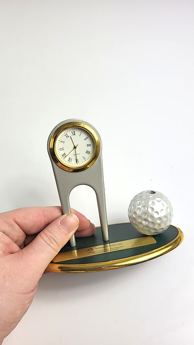 Synergy America Inc. Quartz Golf Ball Desk Clock With Green Gold Oval Base - 3