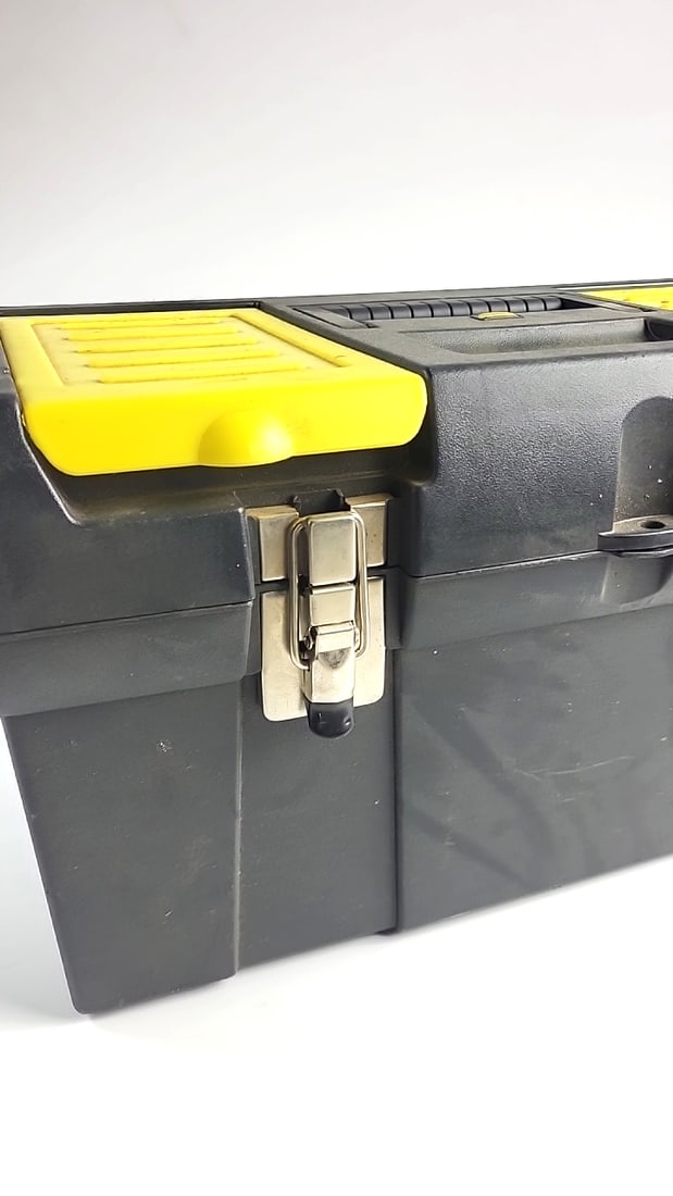 Stanley Black Yellow Plastic Tool Box With Metal Latches And Top Organizers - 2