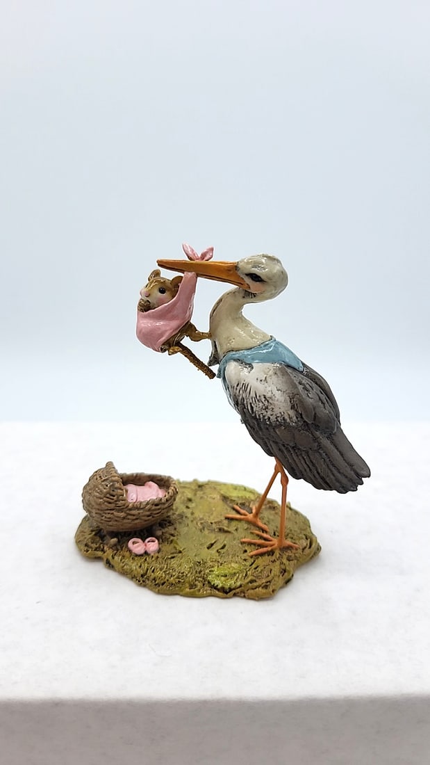 Wee Forest Folk M-376 Special Arrival Mouse Figurine Pink Blanket Dark Brown Basket - 2