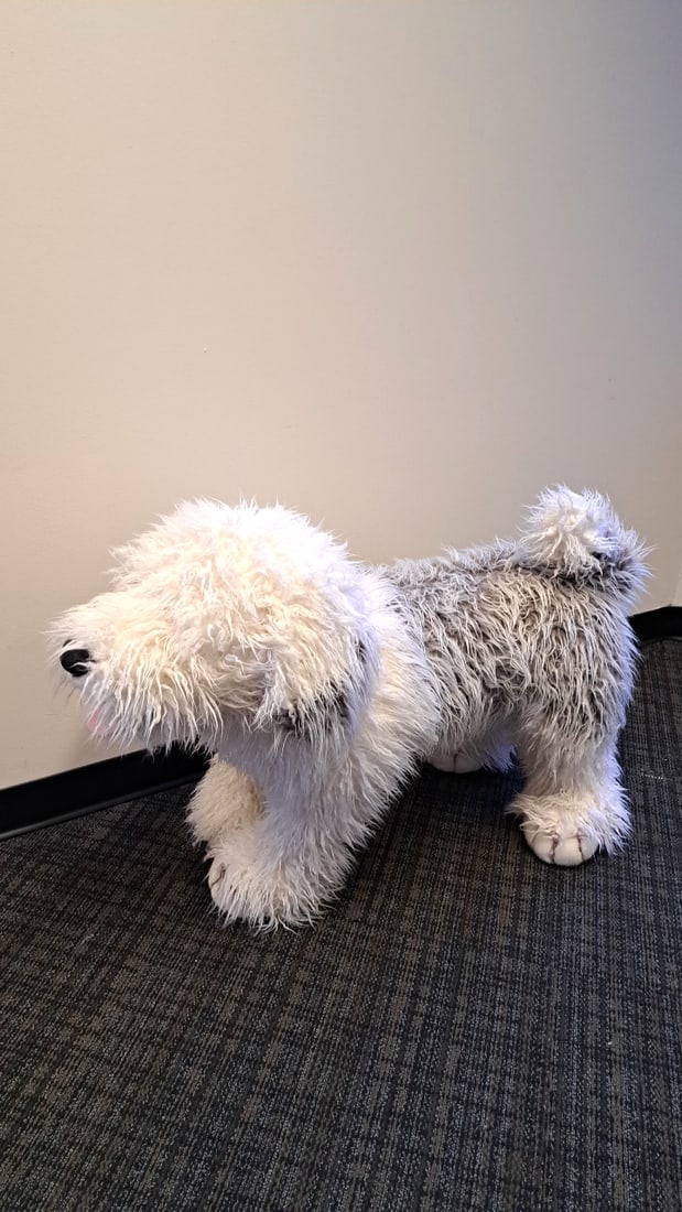 Large Shaggy White/gray Plush Dog Stuffed Animal, Approx. 40" Long: 29 x 40 x 15 6. 5 lb we have gained a lot of experience shipping dolls from our previous auction. We offer in-house shipping. The shipping price shown in the listing is the liveshipping service by