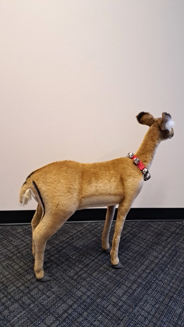 Plush Standing Deer Figure With Red Harness And Silver Jingle Bells - 7