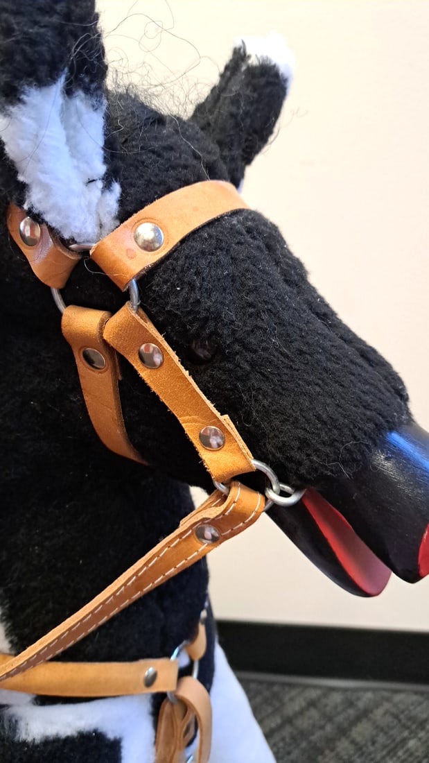 Black White Plush Ride-on Horse Toy With Brown Leather Saddle, Bridle Stirrups 30 In - 5