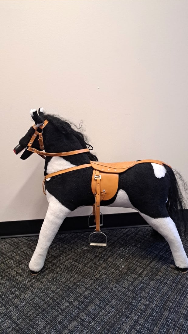 Black White Plush Ride-on Horse Toy With Brown Leather Saddle, Bridle Stirrups 30 In - 8
