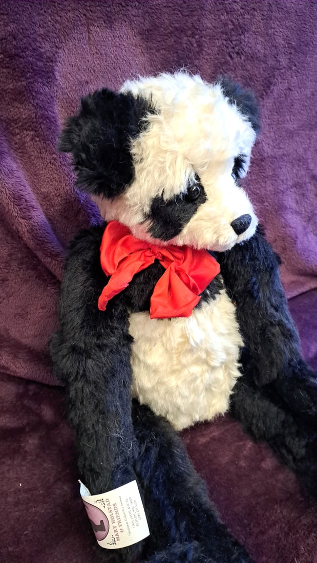 Mary Holstad & Friends Handmade Collectible Panda Bear Plush 16" Black White Red Bow - 9