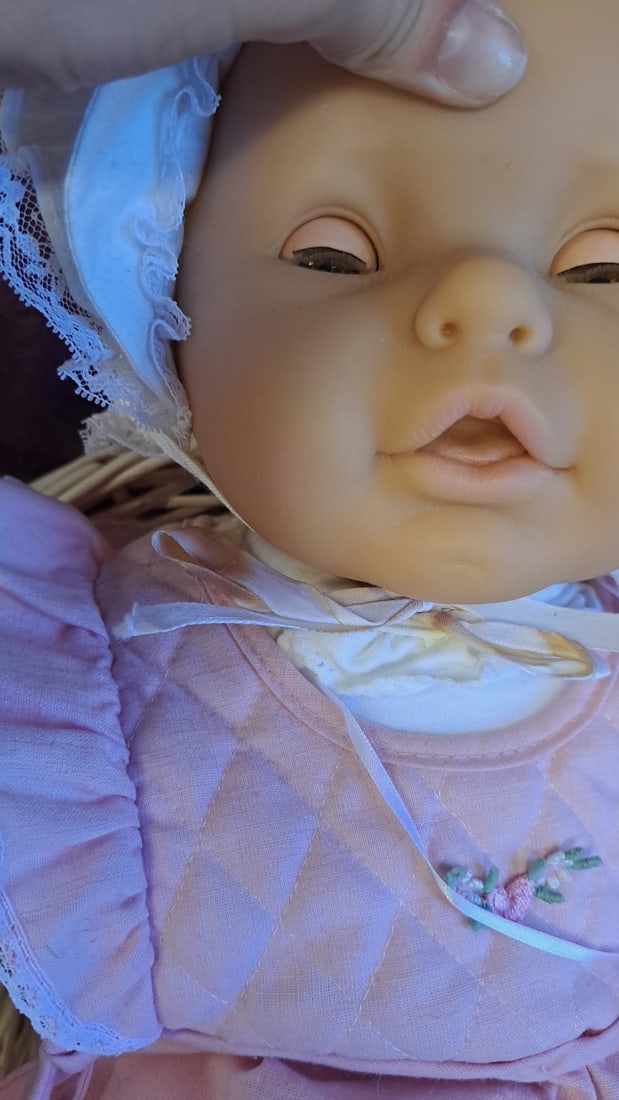 Baby Doll In Pink Outfit With Bonnet, Minene Pacifier And White Wicker Basket - 11