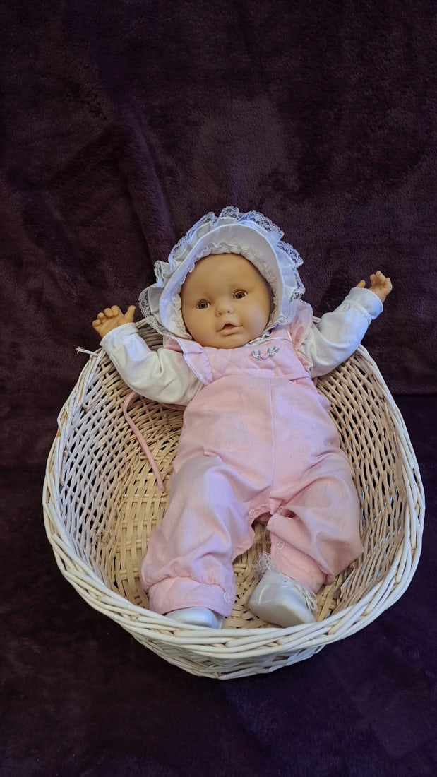 Baby Doll In Pink Outfit With Bonnet, Minene Pacifier And White Wicker Basket: 14 x 24 x 6 3. 5 lb we have gained a lot of experience shipping dolls from our previous auction. We offer in-house shipping. The shipping price shown in the listing is the liveshipping service by