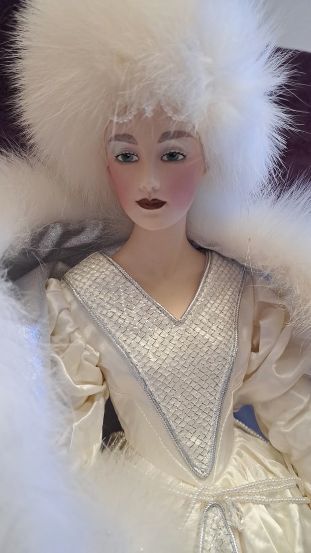 Porcelain Lady Doll In White Faux Fur Hat & Cape With Satin Gown, 24 In - 4