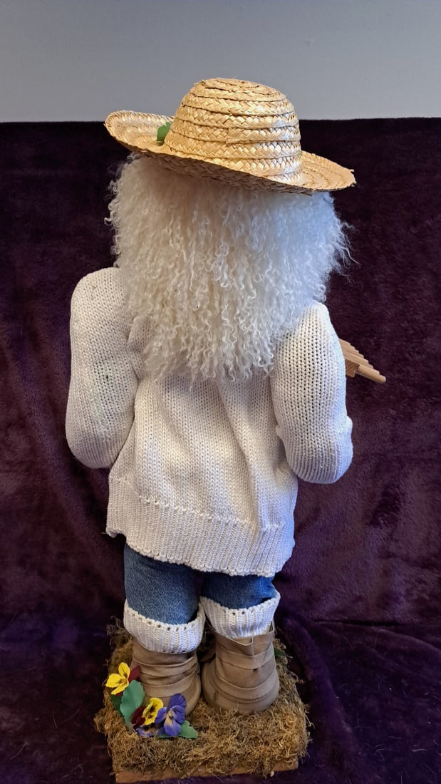 29" Bearded Garden Gnome Farmer Doll Figurine With Straw Hat And Wooden Rake - 10