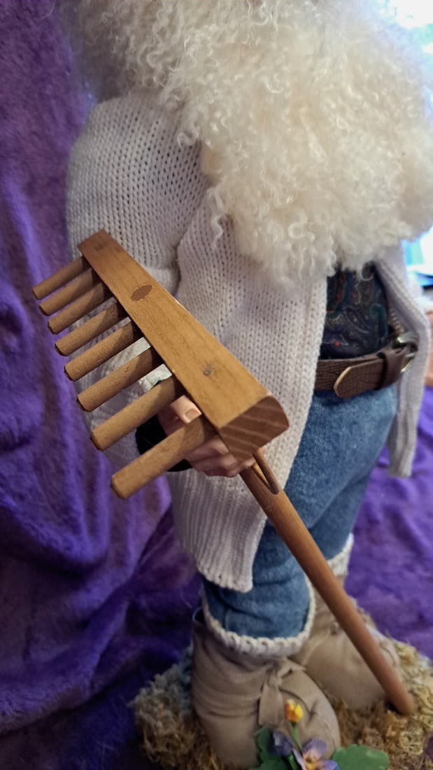 29" Bearded Garden Gnome Farmer Doll Figurine With Straw Hat And Wooden Rake - 11