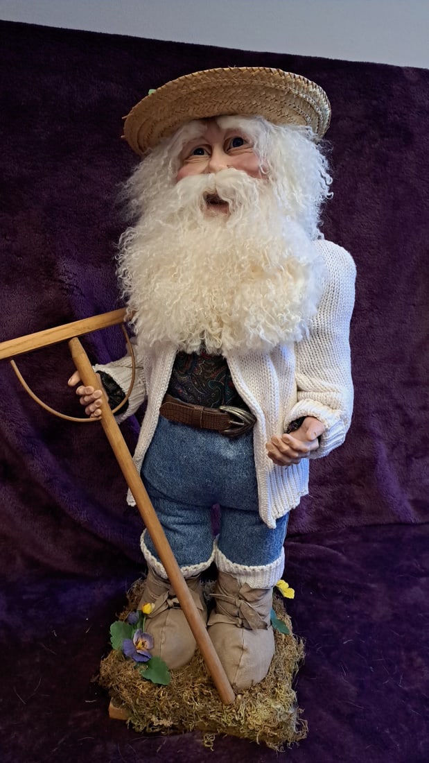 29" Bearded Garden Gnome Farmer Doll Figurine With Straw Hat And Wooden Rake - 12