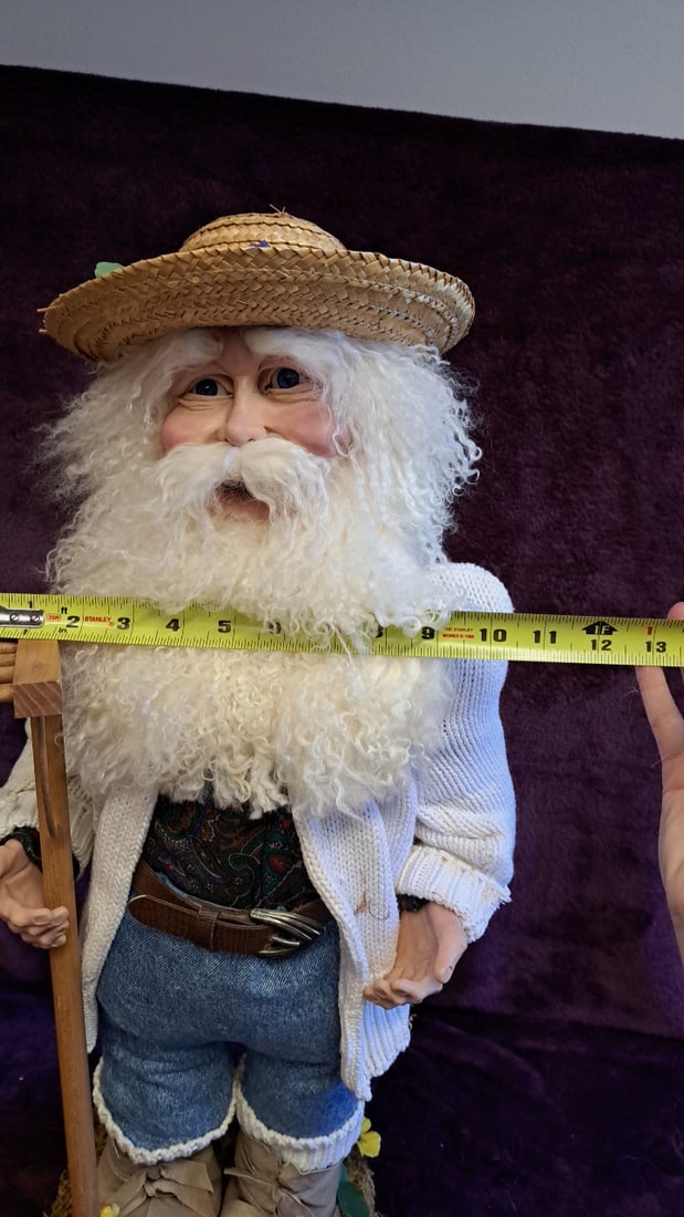 29" Bearded Garden Gnome Farmer Doll Figurine With Straw Hat And Wooden Rake - 3