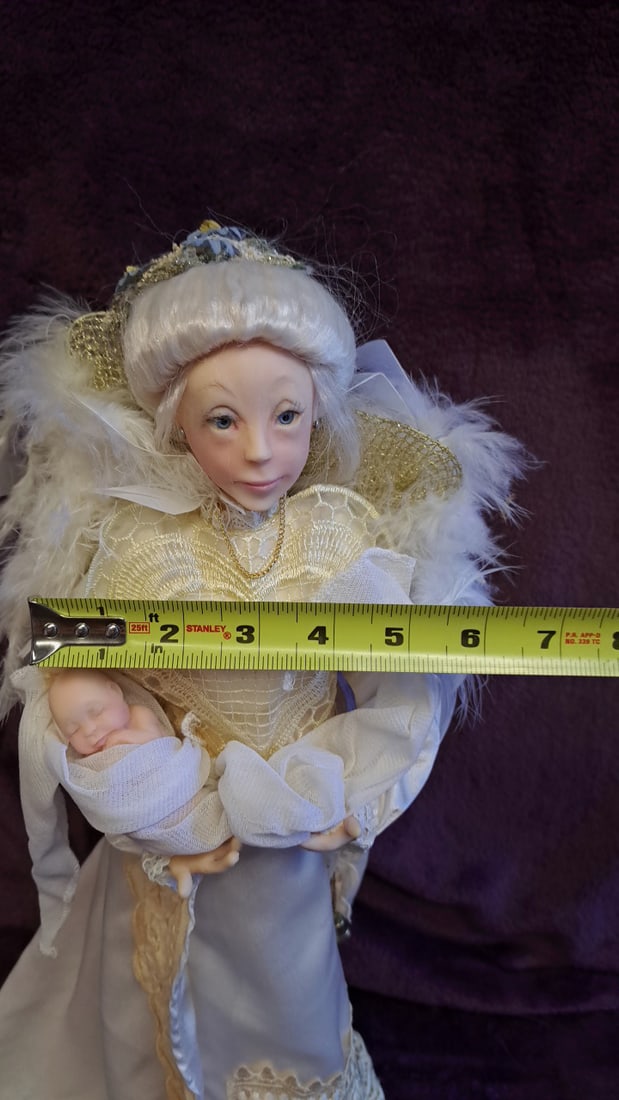 Angel Doll Holding Baby White Gold Satin Dress Feather Wings Floral Headpiece Coa With Box - 2