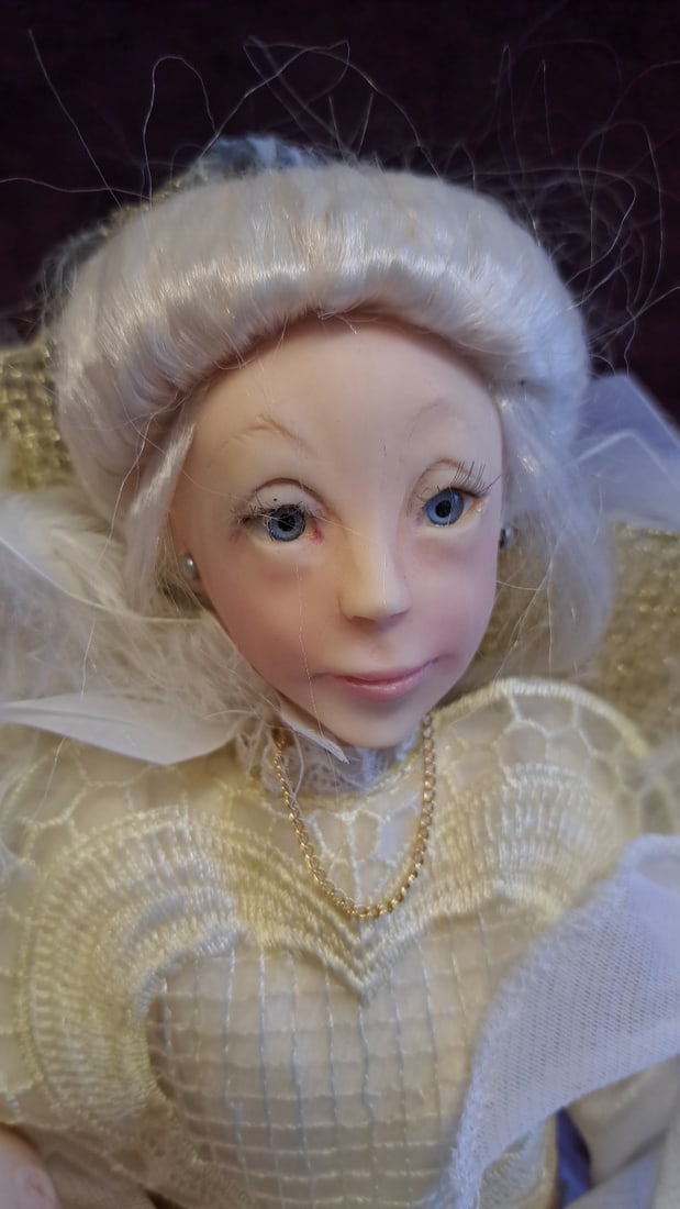 Angel Doll Holding Baby White Gold Satin Dress Feather Wings Floral Headpiece Coa With Box - 8