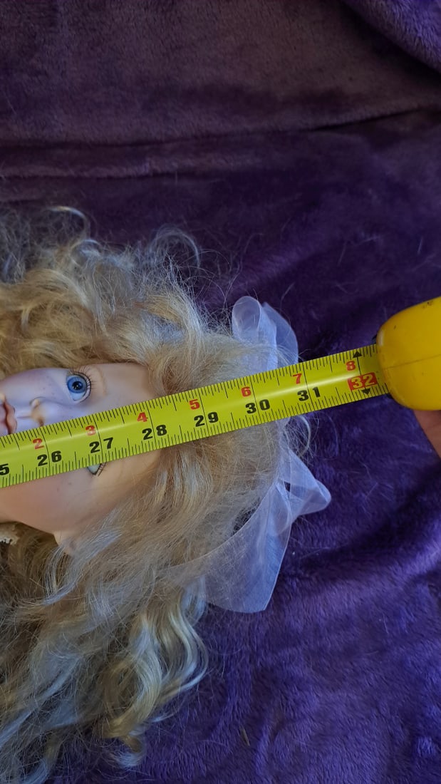 32 Blonde Porcelain Doll Pink Floral Dress Blue Eyes Lace Trim Bow - Karen Alcaro - 2