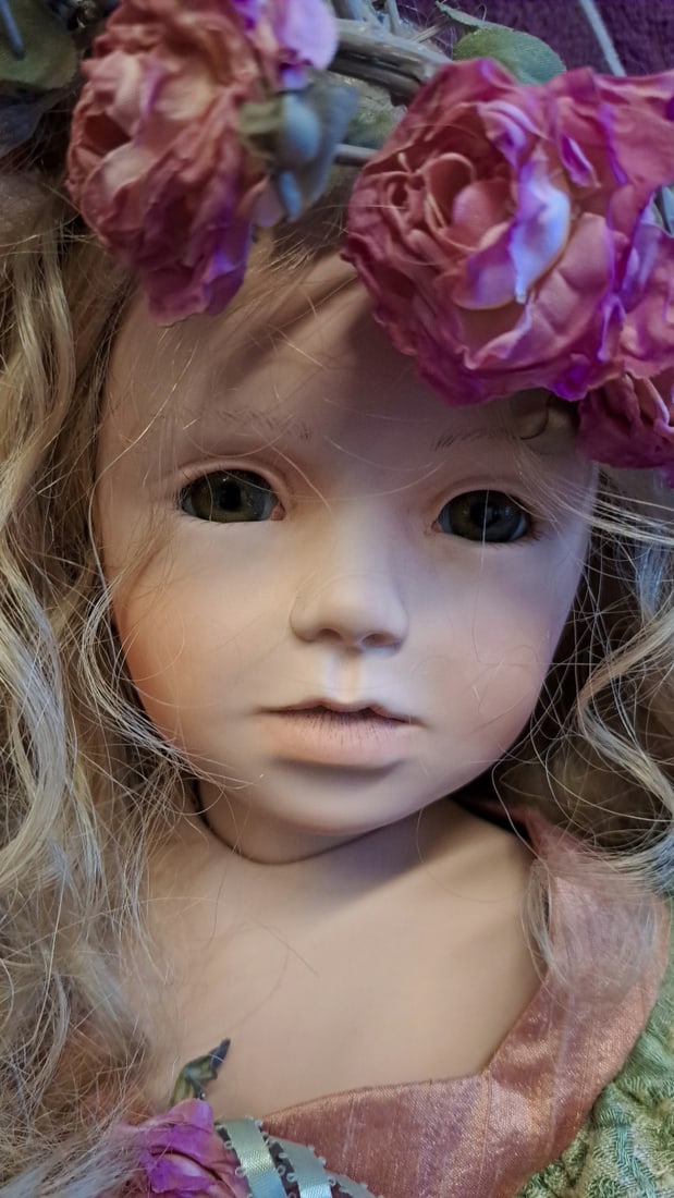 Collector Doll Blonde Curly Hair Floral Crown Victorian Dress With Wicker Chair - Rare - 5