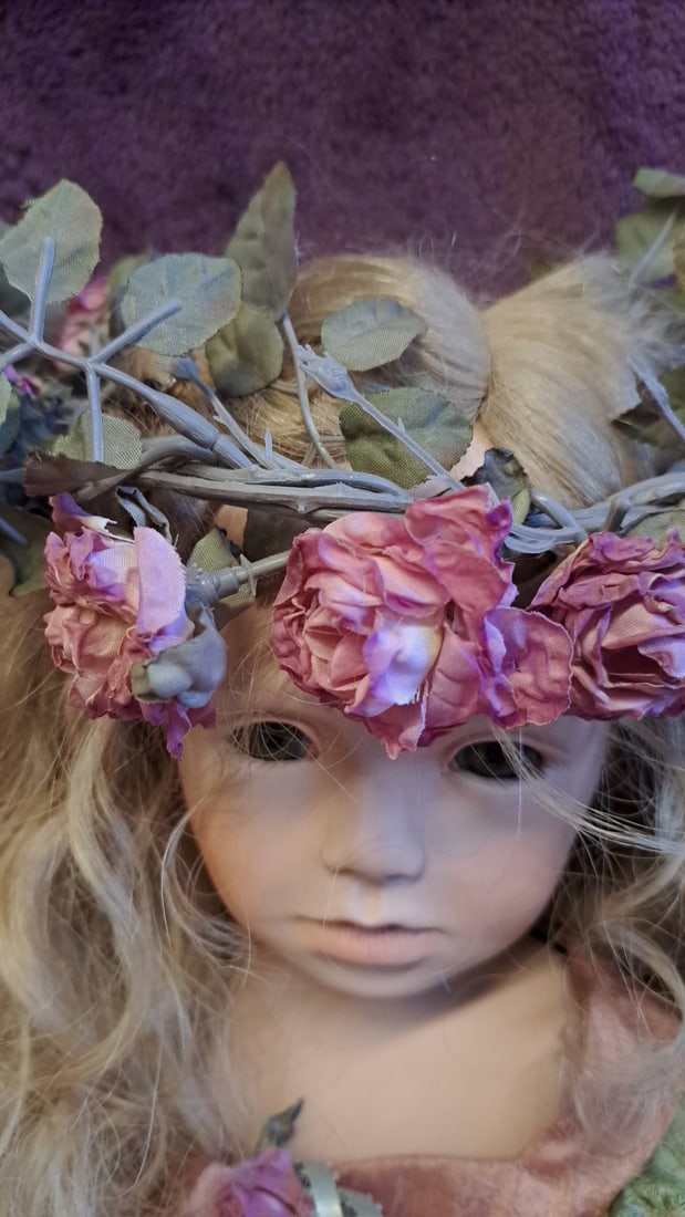 Collector Doll Blonde Curly Hair Floral Crown Victorian Dress With Wicker Chair - Rare - 8