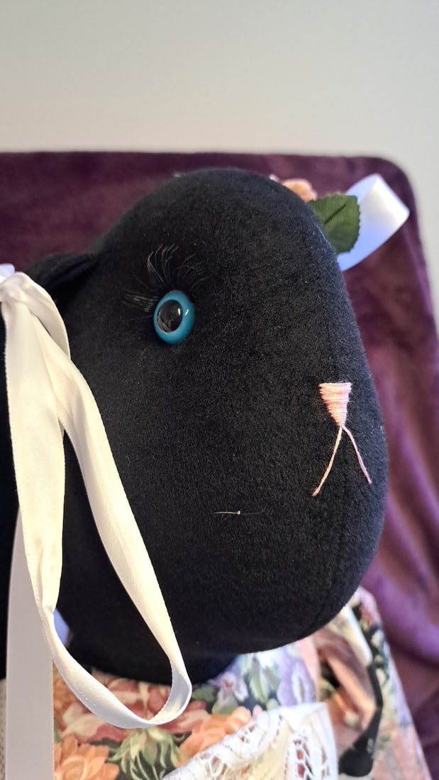 Black Plush Bunny Doll With Floral Dress Lace Apron Blue Eyes 30 In - 11