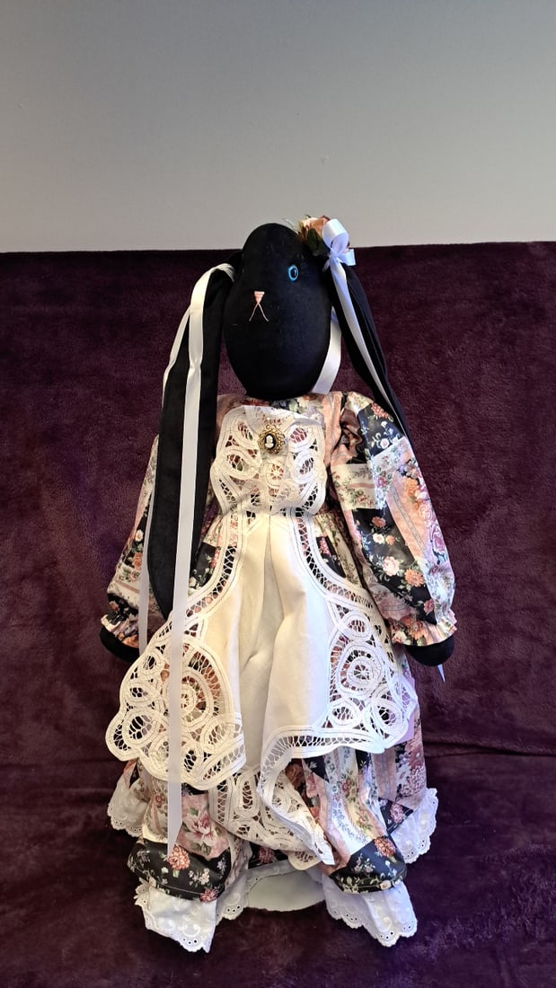 Black Plush Bunny Doll With Floral Dress Lace Apron Blue Eyes 30 In: 14 x 30 x 8 2 lb we have gained a lot of experience shipping dolls from our previous auction. We offer in-house shipping. The shipping price shown in the listing is the liveshipping service by