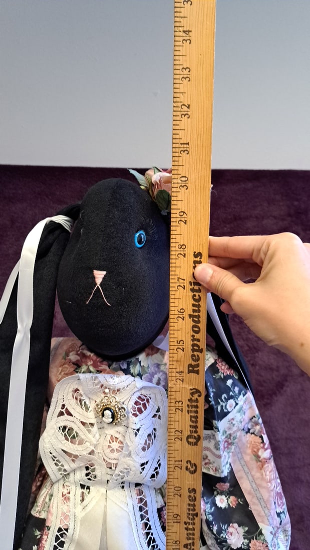 Black Plush Bunny Doll With Floral Dress Lace Apron Blue Eyes 30 In - 2
