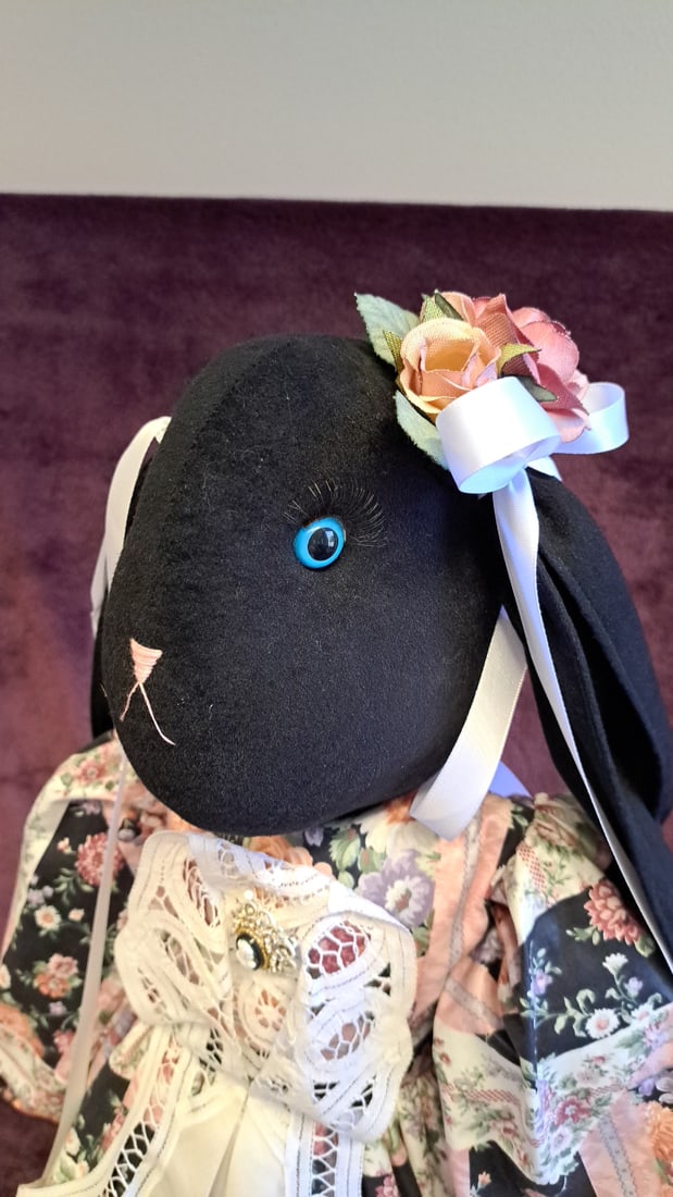 Black Plush Bunny Doll With Floral Dress Lace Apron Blue Eyes 30 In - 4