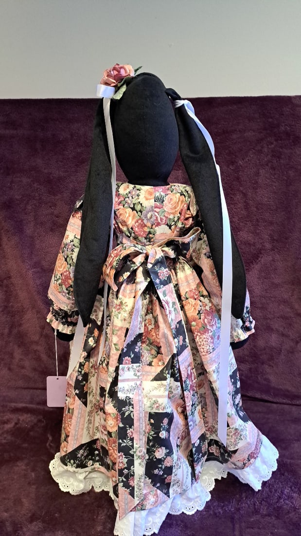 Black Plush Bunny Doll With Floral Dress Lace Apron Blue Eyes 30 In - 6