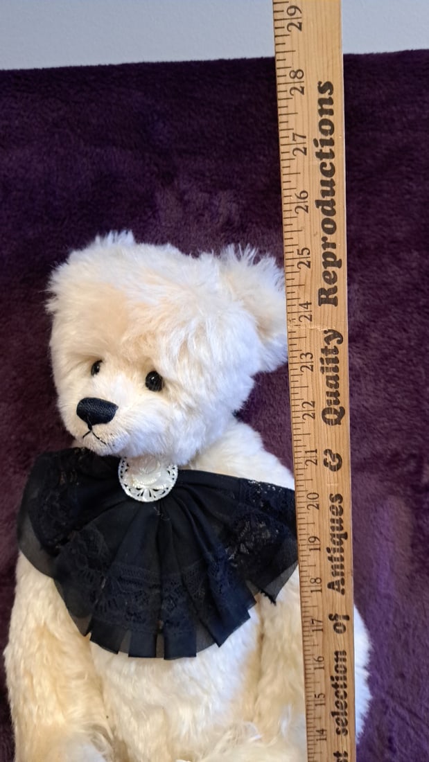 25" Cream Plush Teddy Bear Doll With Black Lace Collar, Cameo Brooch & Black Boots - 2