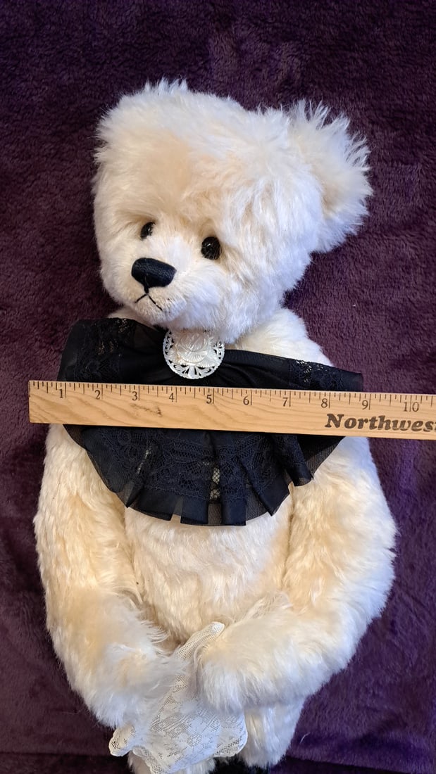 25" Cream Plush Teddy Bear Doll With Black Lace Collar, Cameo Brooch & Black Boots - 3
