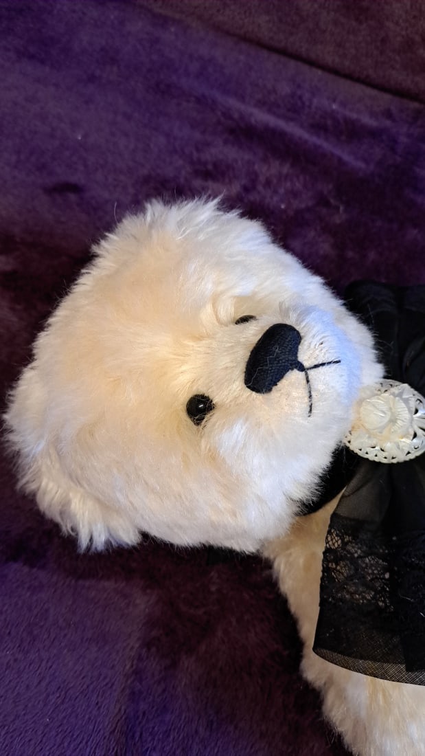 25" Cream Plush Teddy Bear Doll With Black Lace Collar, Cameo Brooch & Black Boots - 4
