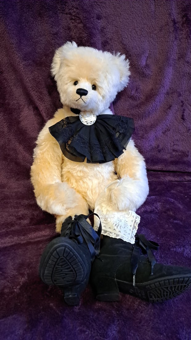 25" Cream Plush Teddy Bear Doll With Black Lace Collar, Cameo Brooch & Black Boots - 9