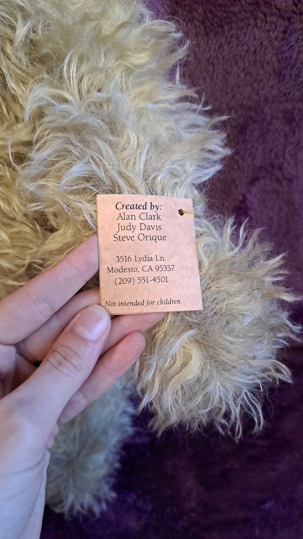 Beige Curly Fur Teddy Bear Plush With Handwritten Artist Tag 16 In - 8