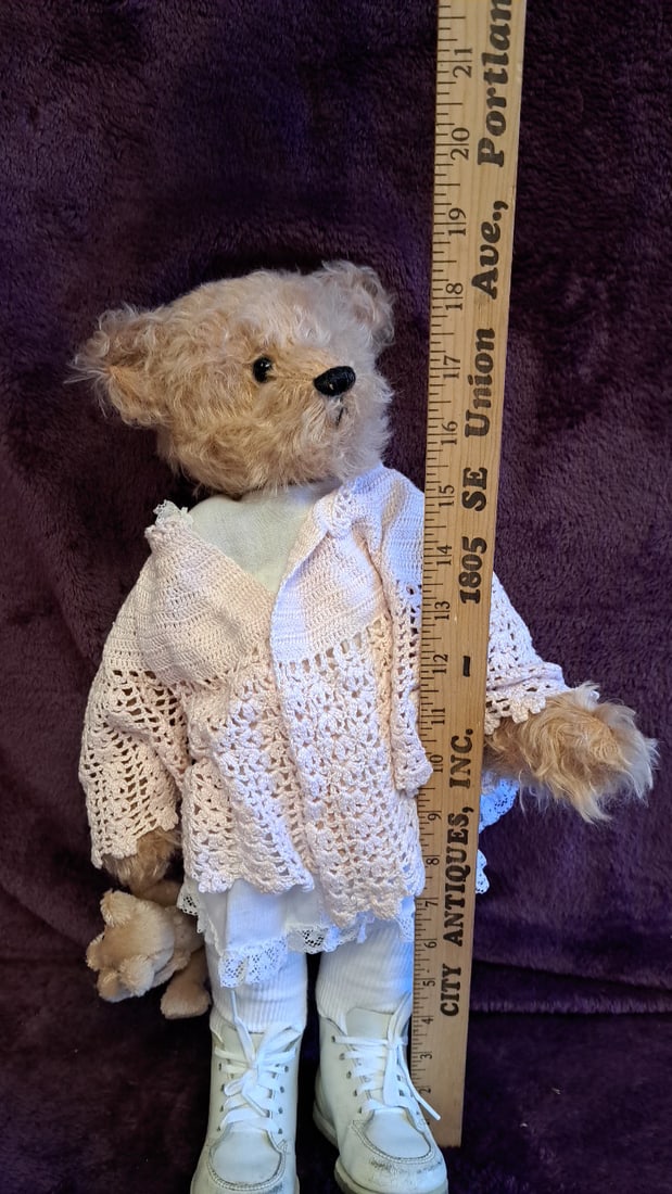 18" Blonde Teddy Bear In Pink Crochet Lace Outfit & White Boots With Mini Bear - 2