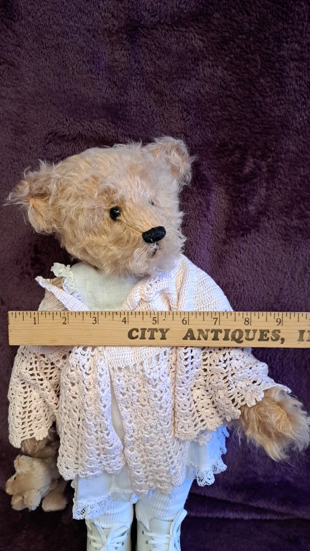 18" Blonde Teddy Bear In Pink Crochet Lace Outfit & White Boots With Mini Bear - 3