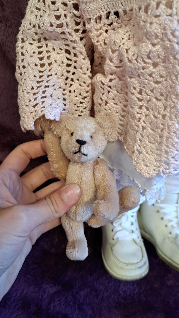 18" Blonde Teddy Bear In Pink Crochet Lace Outfit & White Boots With Mini Bear - 5