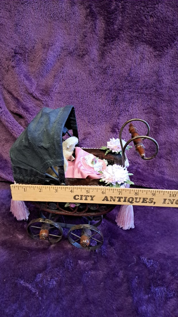 Miniature Decorative Baby Carriage Pram With Teddy Bear, Pink Blanket & Black Canopy - 2