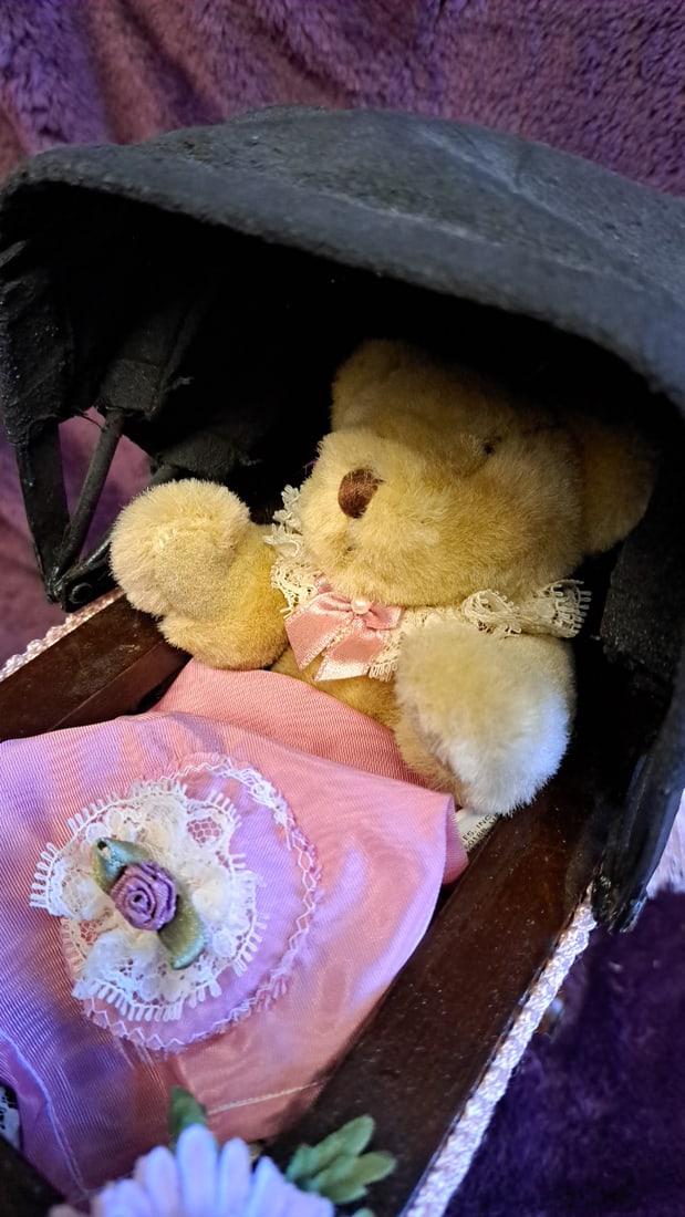 Miniature Decorative Baby Carriage Pram With Teddy Bear, Pink Blanket & Black Canopy - 4