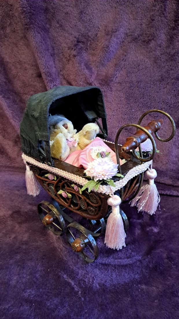 Miniature Decorative Baby Carriage Pram With Teddy Bear, Pink Blanket & Black Canopy - 9