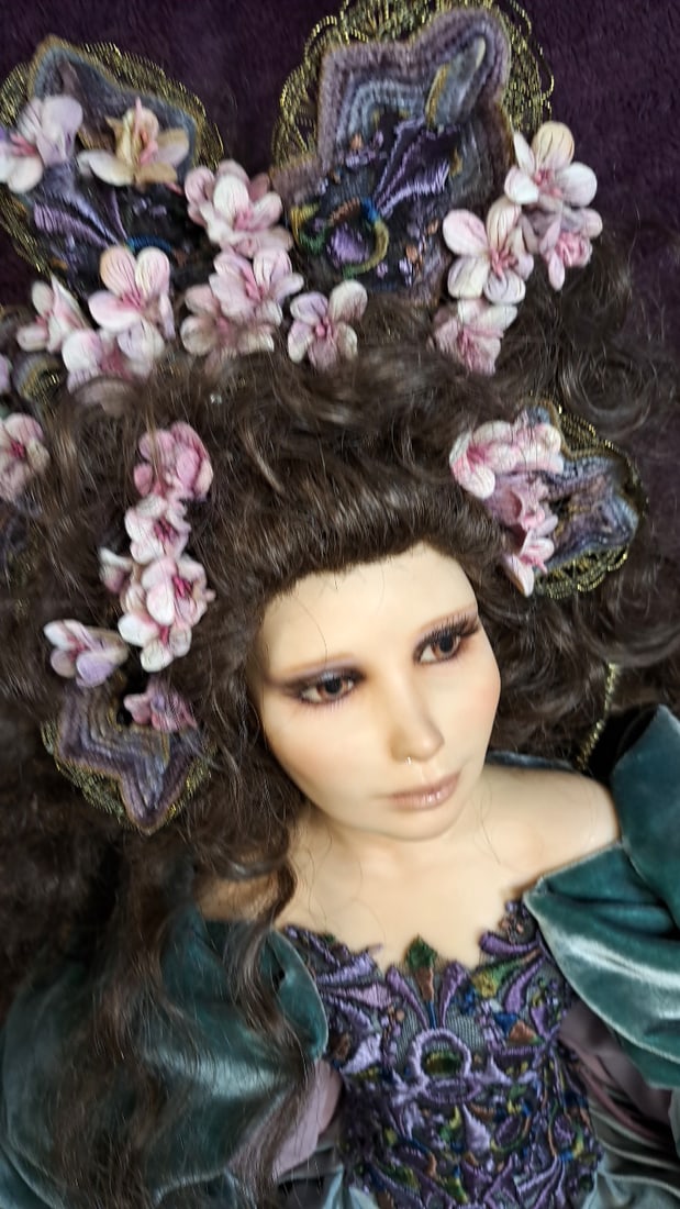 Wax Over Porcelain Art Doll With Teal Velvet Sleeves, Silver Gown Floral Headpiece - 2
