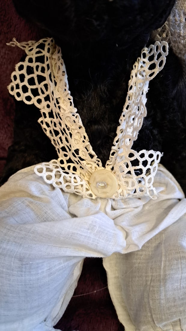 Black Curly Fur Teddy Bear Plush With White Lace Outfit And Gold Bear Foot Charm - 4