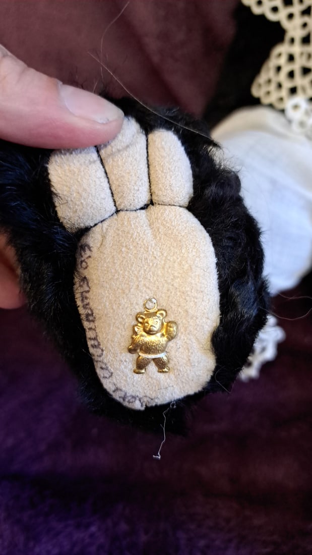 Black Curly Fur Teddy Bear Plush With White Lace Outfit And Gold Bear Foot Charm - 5